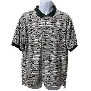 Vintage Pindle River Polo Shirt Mens Green Brown Aztec All Over Print Large 90s
